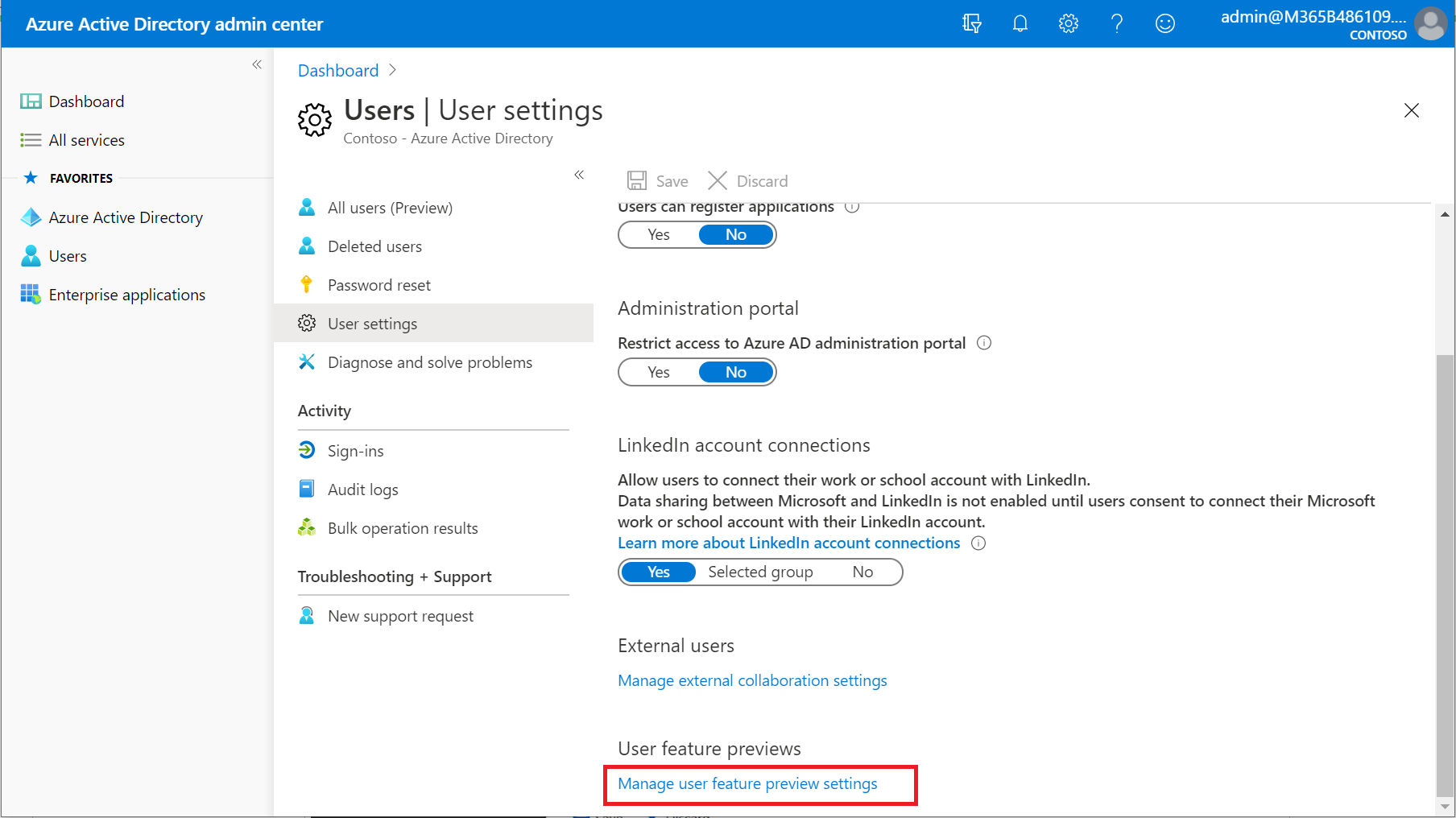 Azure AD User Settings - Manage user feature preview settings