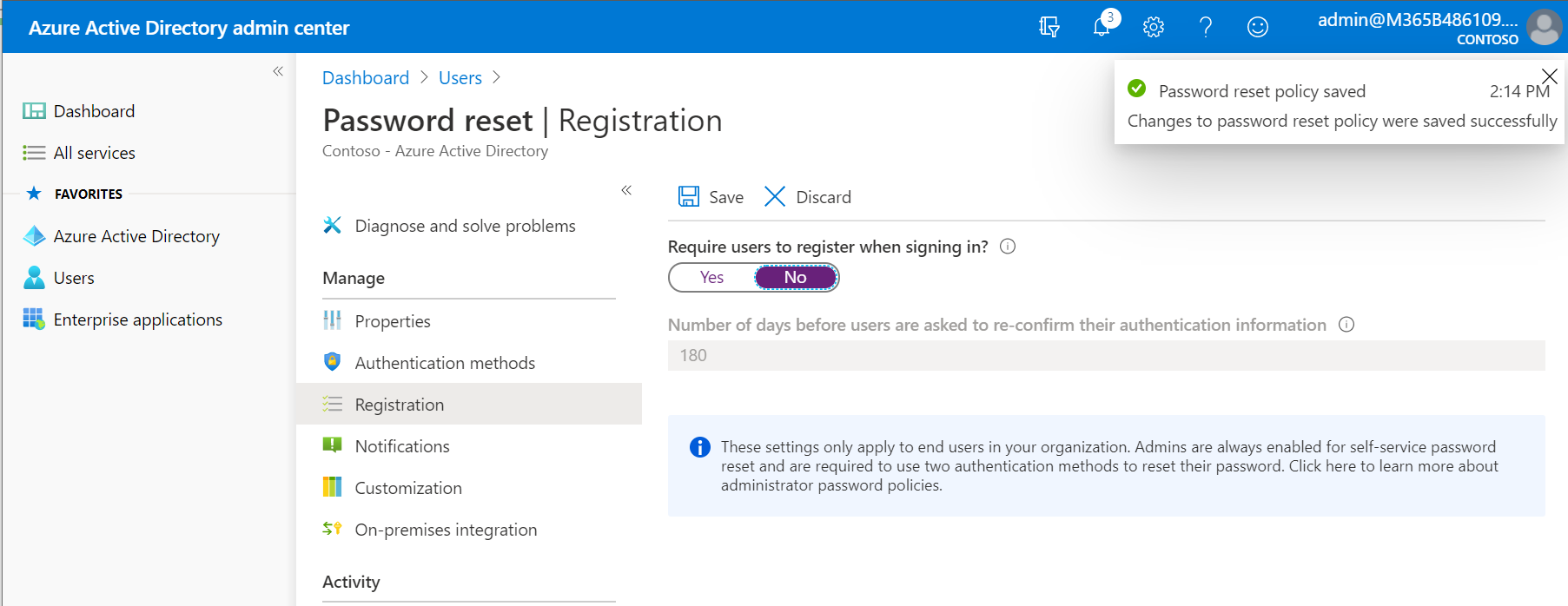 SSPR Registration Settings