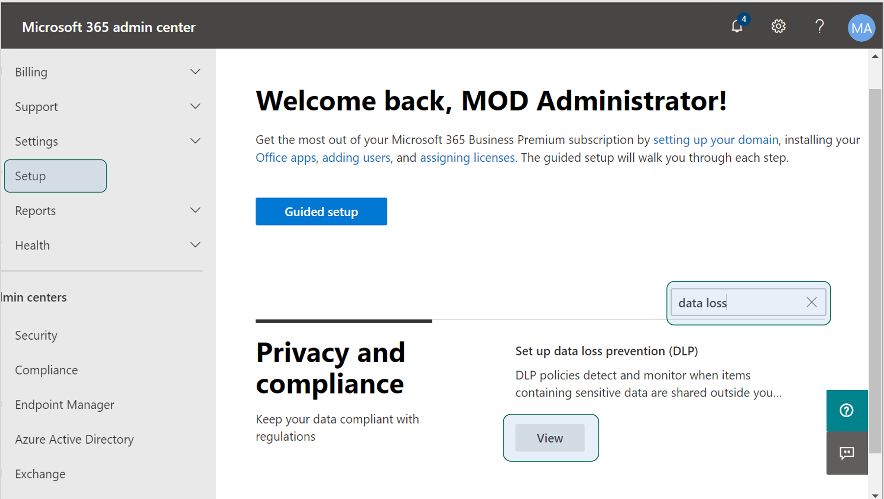 M365 Admin Center - Search for DLP