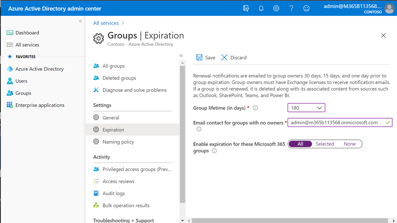 Azure AD - Groups expiration policy
