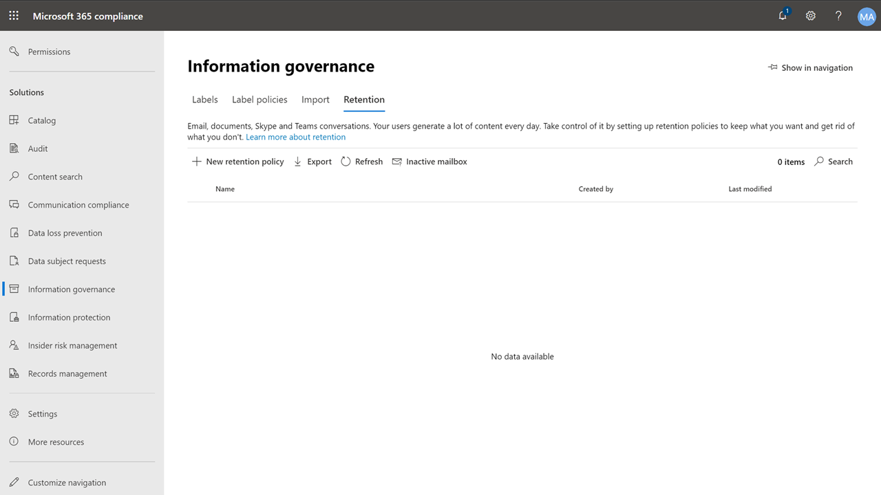 Retention - Navigate to Information Governance