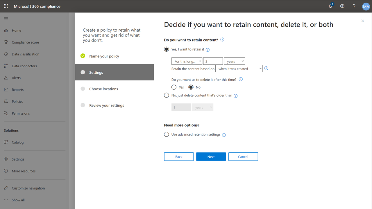 Retention - Duration and deletion options