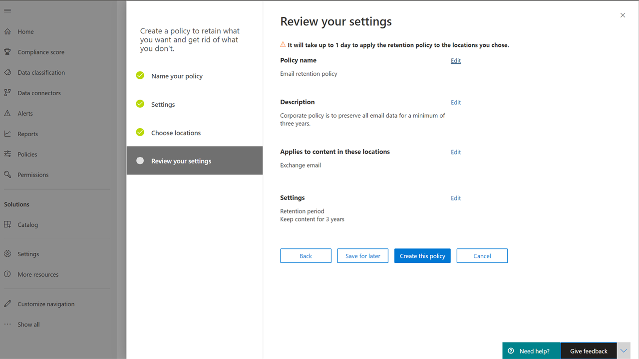 Retention - Review and create