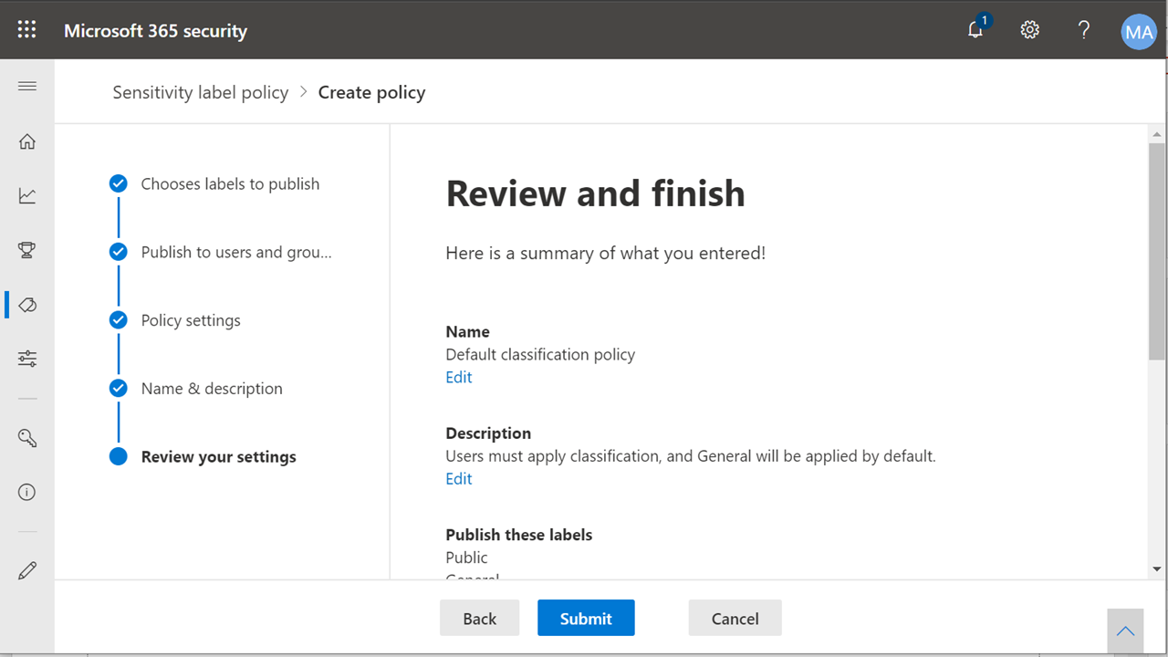Sensitivity Labels - Name the policy