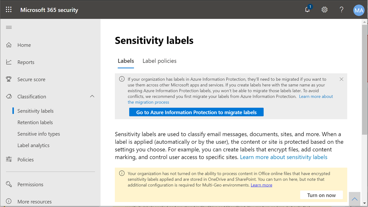 Sensitivity Labels - Navigate to security center