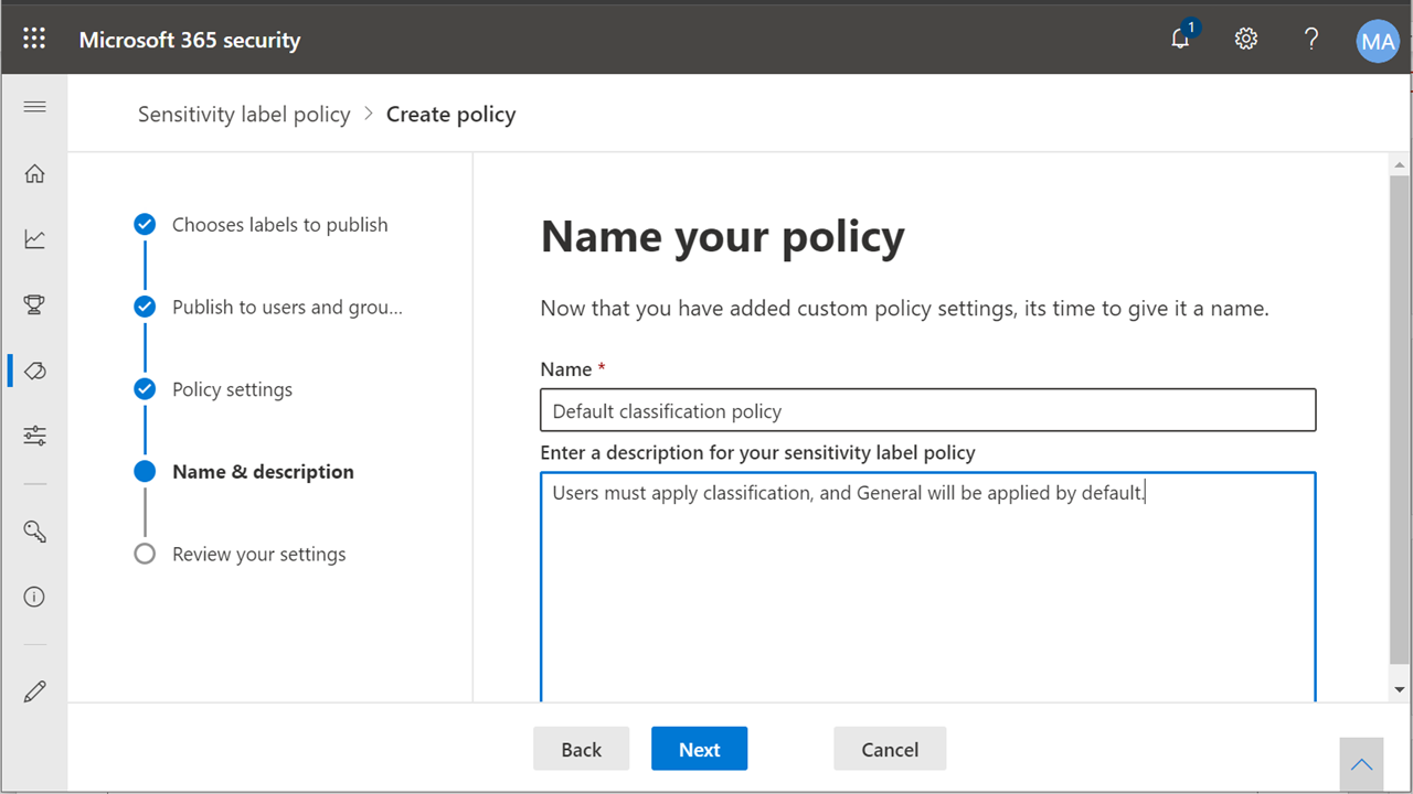 Sensitivity Labels - Policy settings