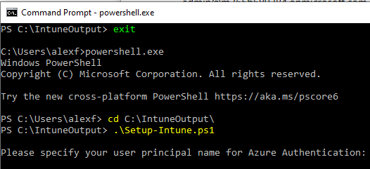Setup-Intune.ps1 running in PowerShell